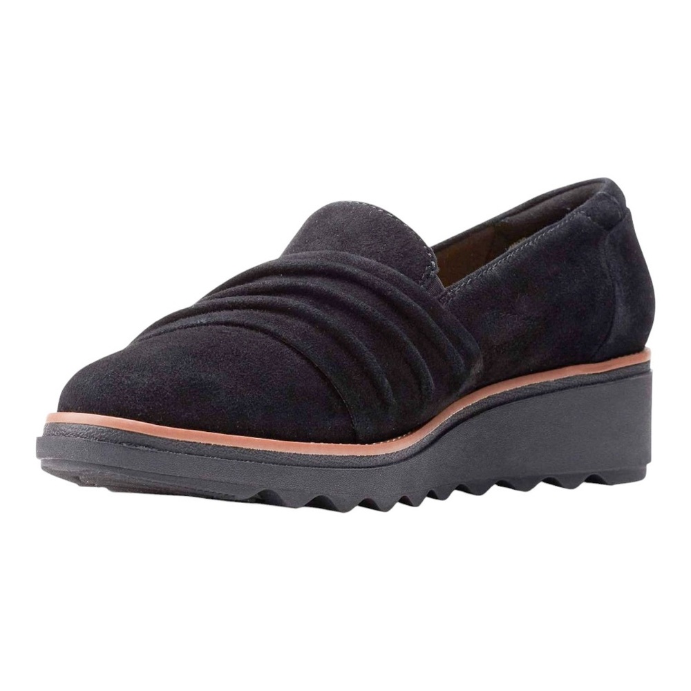 Clarks Sharon Villa Black Loafer Slip On Suede Platforms LIKE NEW — Size 12 M